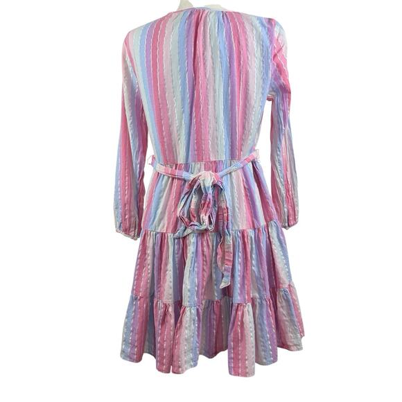 J Crew Veda Pastel Stripe Metallic Thread 100% Cotton Belted Dress Small Pockets - Picture 11 of 13